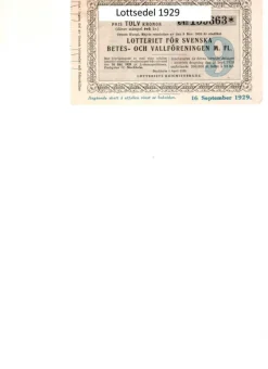 Tradera Lotter & Lottsedlar<Svenska Vall- och Betesföreningen lottsedel 16 sept. 1929 Svenska Vallföreningen