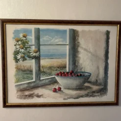 Tradera Tavla med körsbär i en skål och havutsikt, tryck av Claes Caspersson^ Övrig Konst