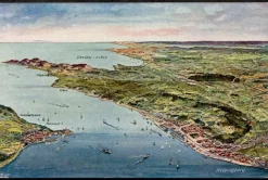 Tradera Svenska Landskap<Tecknat vykort med flygvy över Helsingborg och norra Öresund.