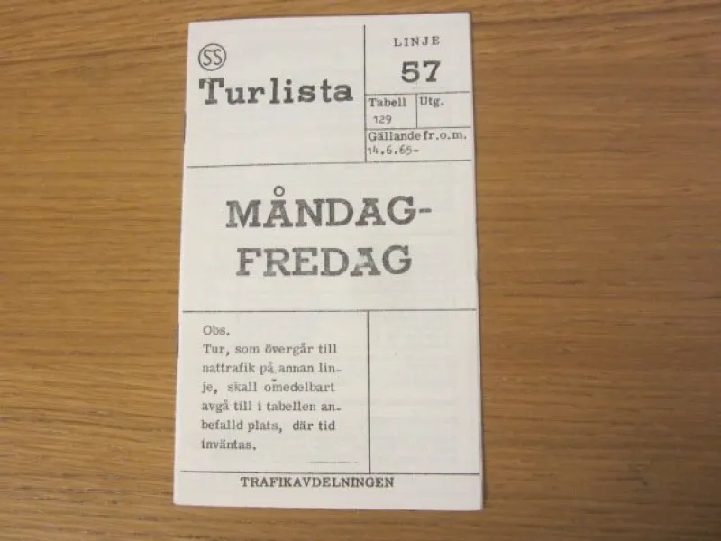 Tradera Tidtabeller<Tidtabell / Turlista 1965 Buss linje 57 Stockholm