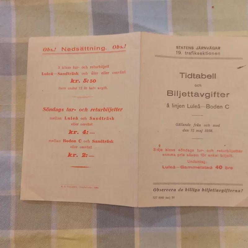 Tradera Järn- & Spårvägsmemorabilia<Tidtabell och Biljettavgifter Statens Järnvägar 1938