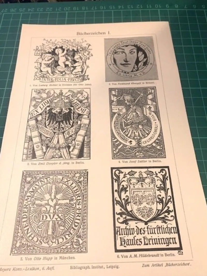 Tradera Träsnitt ”Exempel på bokägarmärken, ex libris” från 1905> Litteraturvetenskap