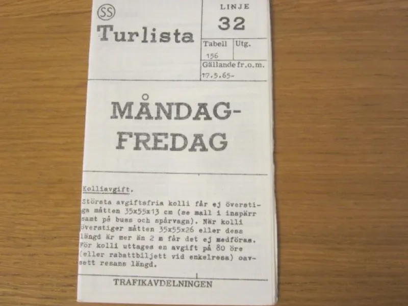 Tradera Tidtabeller<Turlista / Tidtabell 1965 - linje 32 buss Stockholm