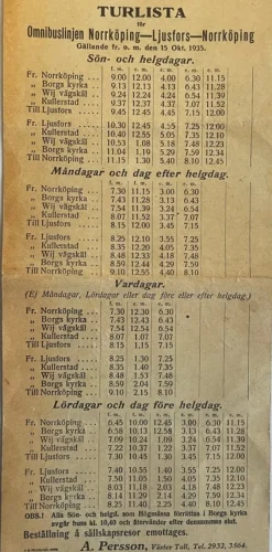 Tradera Tidtabeller<Turlista för omnibuslinjen Norrköping-Ljusfors-Norrköping fr.o.m den 15 Okt.1935