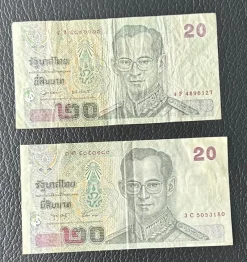 Tradera Två thailändska sedlar 20 Bath / Thai banknotes 20 THB^ Sedlar