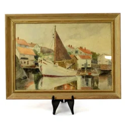 Tradera UNERBAR AKVARELL G CARLSON 1947 - FISKESKUTA I HAMN I BOHUSLÄN 39x29 MED RAM^ Måleri