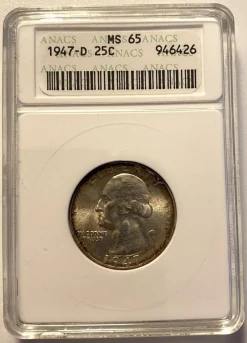 Tradera USA 25 Cent 1947 D i graderad kapsel av ANACS. Gradering är MS65^ Utländska Mynt