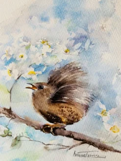 Tradera Vacker akvarellmålning - Gärdsmyg i blommande träd^ Måleri