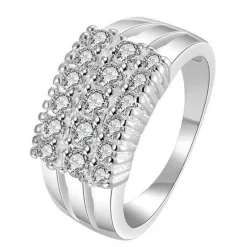 Tradera Ringar<Vacker Silver Ring - 3 Rader Glittriga CZ Kristaller - Silverpläterad - Stl 18
