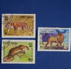 Tradera Vietnam 3 st stora frimärken ,Tiger Lejon Leopard^ Asien
