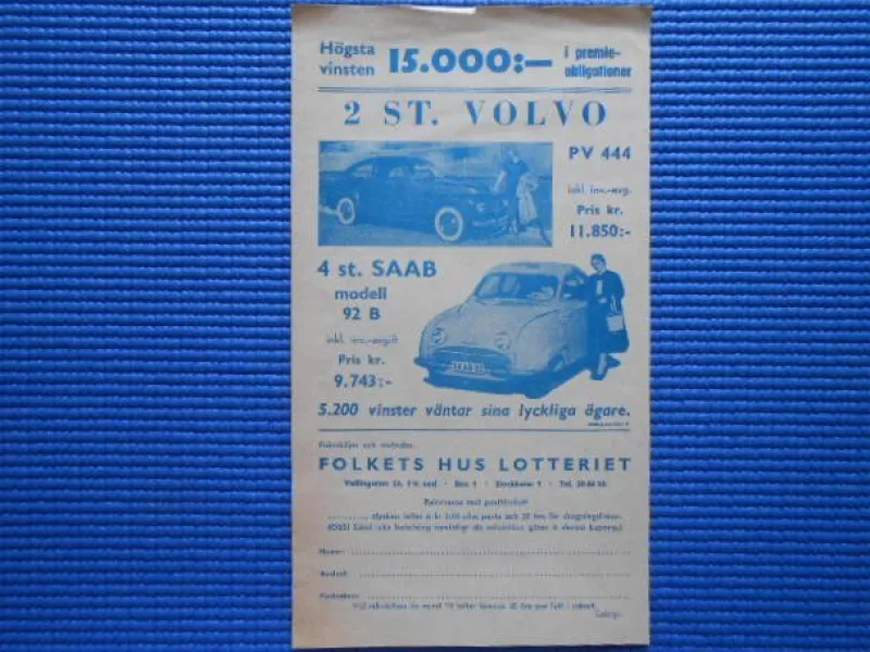 Tradera Lotter & Lottsedlar<Vinstlista Folket Hus Lotteriet 1956