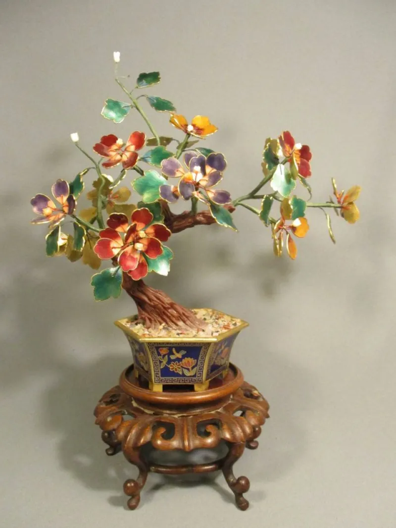 Tradera Vintage Cloisonné emalj korallblomma hjärtablad Bonsaiträd Äkta ädelsten> Orientalisk Konst & Porslin