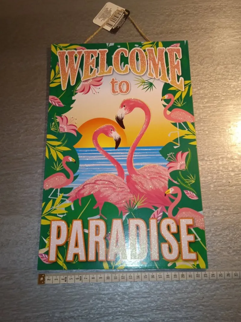 Tradera Skyltar<Welcome to Paradise skylt Flamingo köpt i USA